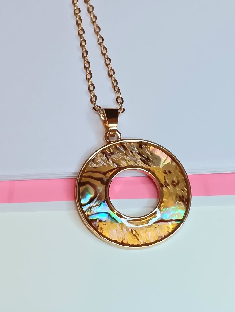 Gold Tone Donut Pendant Necklace with Iridescent Inlay